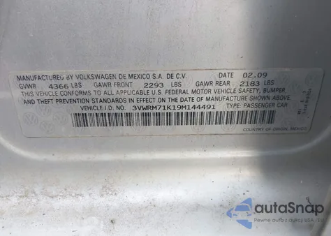 2009 Volkswagen Jetta Se из США, поврежденный, VIN 3VWRM71K19M144491